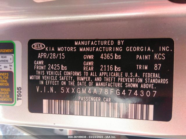 5XXGM4A78FG474307 KIA Optima Lx