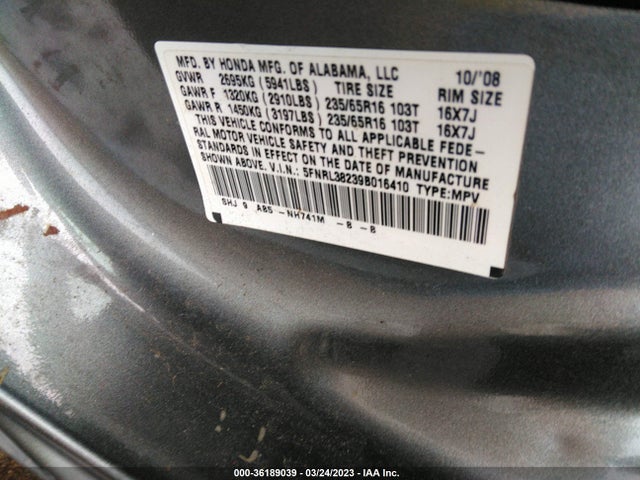 2009 HONDA ODYSSEY LX VIN: 5FNRL38239B016410