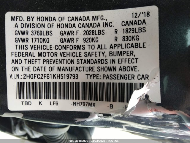 2019 HONDA CIVIC SEDAN LX VIN: 2HGFC2F61KH519793