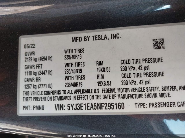 Tesla MODEL 3 2022 5YJ3E1EA5NF295160 Image 9
