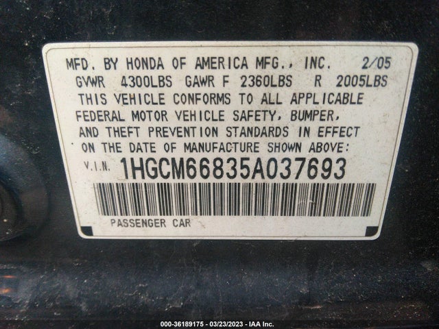 2005 HONDA ACCORD SDN EX-L V6 WITH NAVI VIN: 1HGCM66835A037693