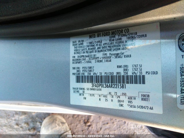 2010 FORD FUSION HYBRID VIN: 3FADP0L36AR221581