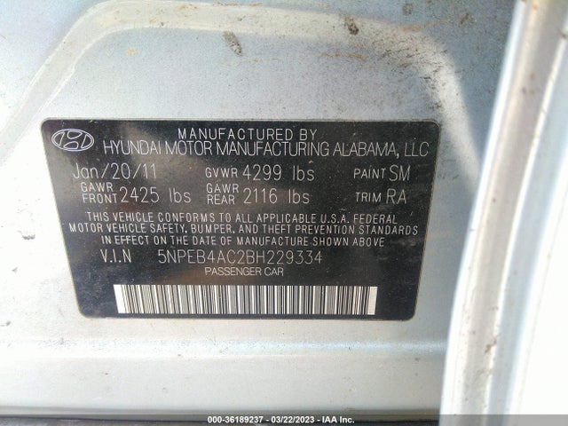 2011 HYUNDAI SONATA GLS VIN: 5NPEB4AC2BH229334