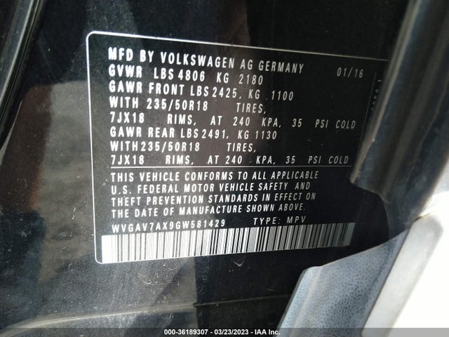 2016 Volkswagen Tiguan, VIN: WVGAV7AX9GW581429