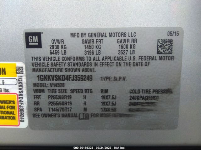 1GKKVSKD4FJ359249 GMC ACADIA SLT