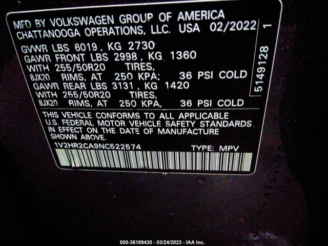 1V2HR2CA9NC522574 Volkswagen Atlas 3.6l V6 Se W/technology