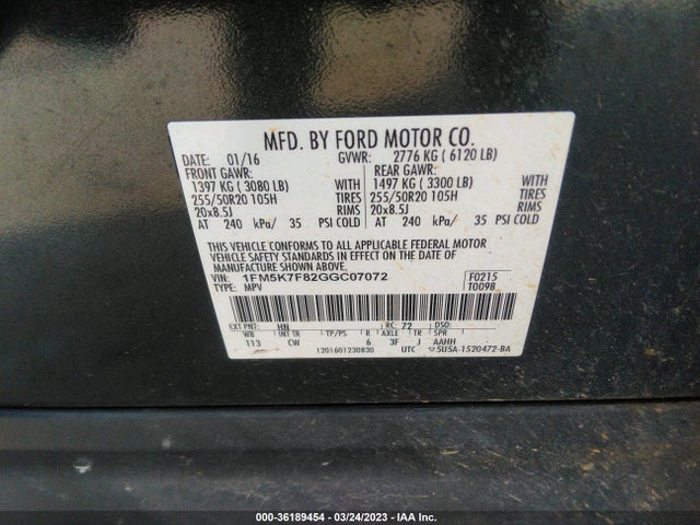 Ford Explorer Limited 2016 1FM5K7F82GGC07072 Image 10