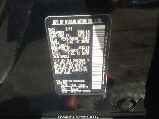 2017 NISSAN ARMADA PLATINUM VIN: JN8AY2NE6H9708200