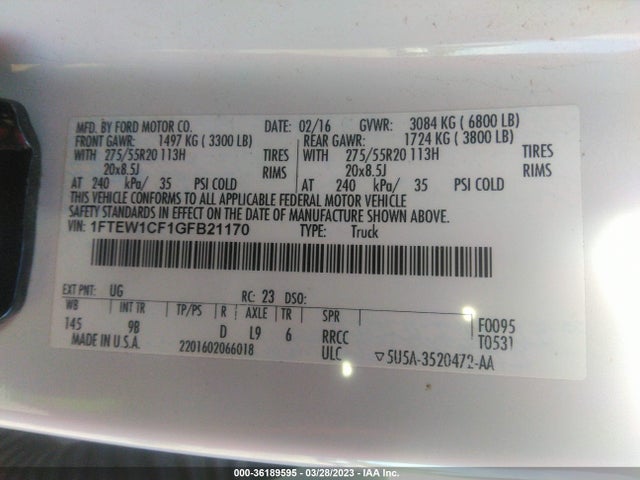 2016 FORD F-150 XL/LARIAT VIN: 1FTEW1CF1GFB21170
