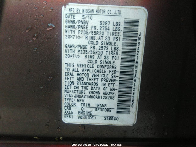 36189658 :رقم المزاد ، JN8AZ1MW0AW129258 vin ، 2010 Nissan Murano Le مزاد بيع