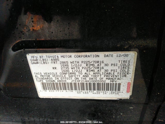 2001 TOYOTA HIGHLANDER VIN: JTEHF21AX10005952