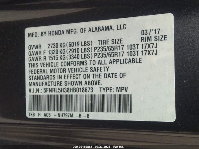 Honda ODYSSEY SE 2017 5FNRL5H38HB018673 Image 9