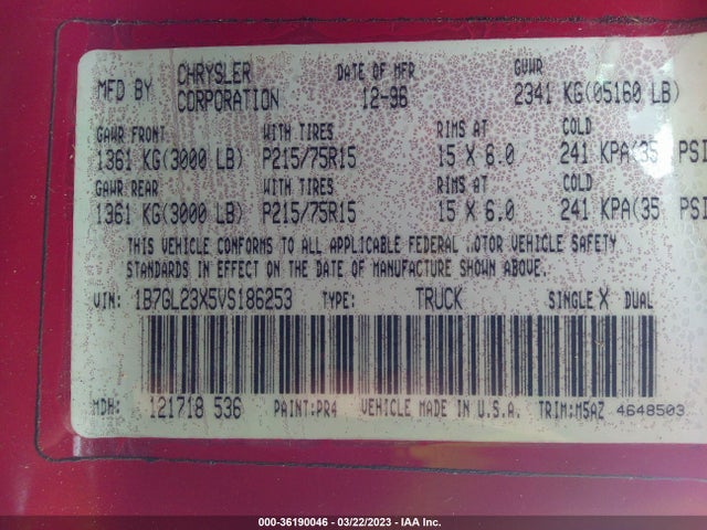 1997 DODGE DAKOTA VIN: 1B7GL23X5VS186253