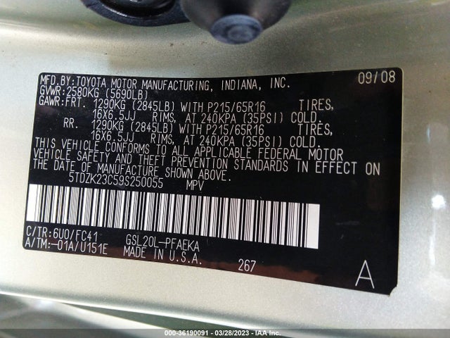2009 TOYOTA SIENNA CE/LE VIN: 5TDZK23C59S250055