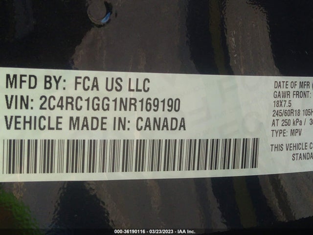 2C4RC1GG1NR169190 Chrysler Pacifica Limited