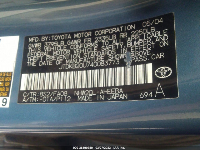 2004 TOYOTA PRIUS VIN: JTDKB20U740083773