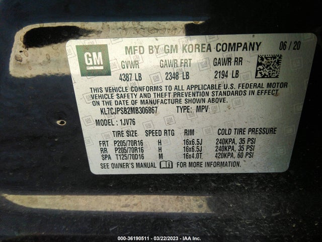 Chevrolet Trax Lt 2021 KL7CJPSB2MB306867 Image 9