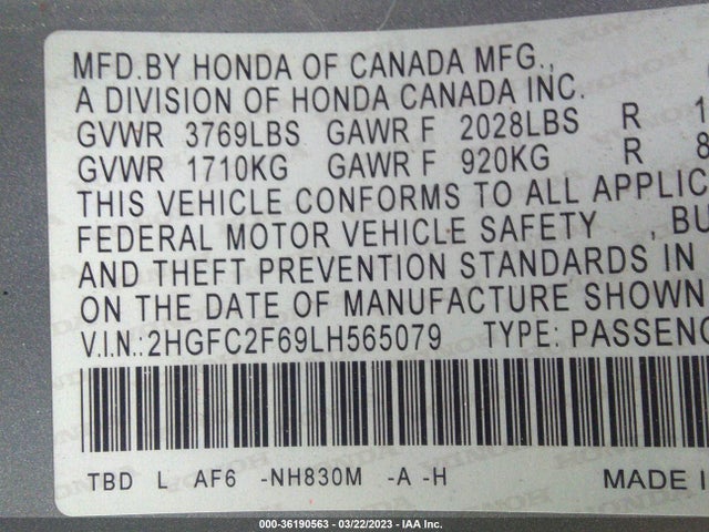 Honda Civic Sedan Lx 2020 2HGFC2F69LH565079 Image 9