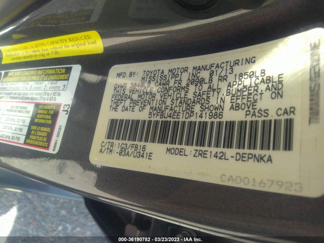 2013 TOYOTA COROLLA L/LE/S VIN: 5YFBU4EE1DP141986