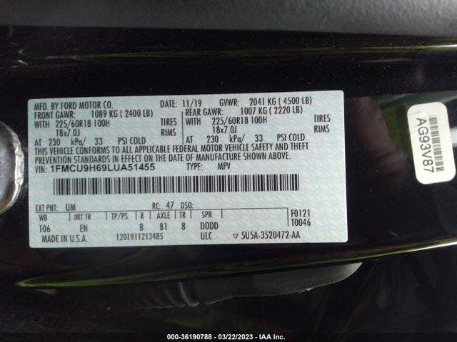 Ford ESCAPE SEL 2020 1FMCU9H69LUA51455 Image 9