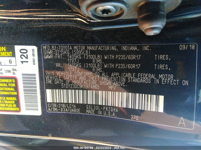 2019 Toyota Sienna, VIN: 5TDYZ3DC9KS974865