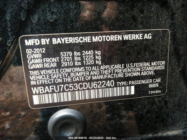 2012 BMW 5 SERIES 535I XDRIVE VIN: WBAFU7C53CDU62240