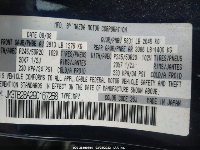 2009 MAZDA CX-9 GRAND TOURING VIN: JM3TB28A290167268