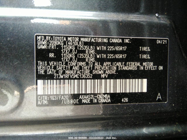2021 TOYOTA RAV4 XLE VIN: 2T3W1RFV5MC136352