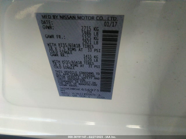 2017 NISSAN PATHFINDER SV VIN: 5N1DR2MM5HC656975