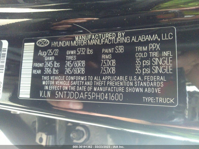 2023 HYUNDAI SANTA CRUZ SEL PREMIUM VIN: 5NTJDDAF5PH041600