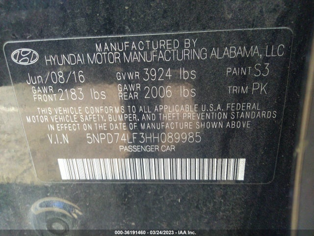 2017 HYUNDAI ELANTRA SE VIN: 5NPD74LF3HH089985