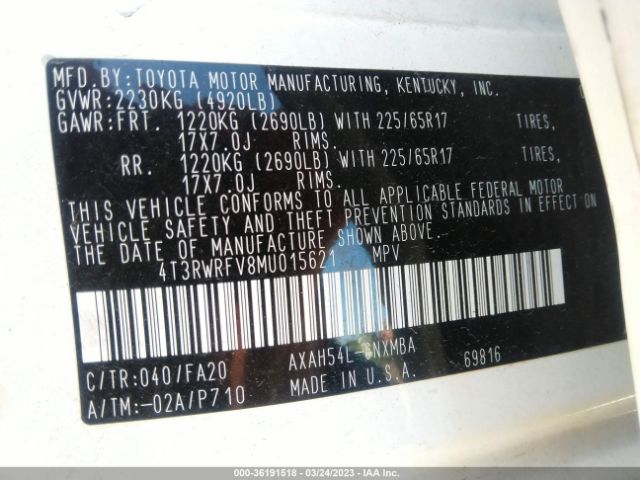 4T3RWRFV8MU015621 Toyota Rav4 Hybrid Xle