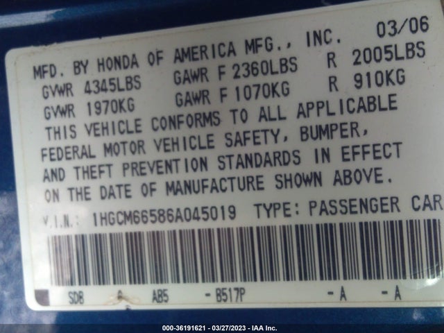 2006 HONDA ACCORD SDN EX-L V6 VIN: 1HGCM66586L045019