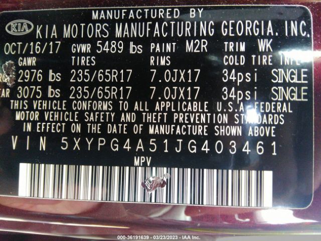 5XYPG4A51JG403461 KIA Sorento Lx V6