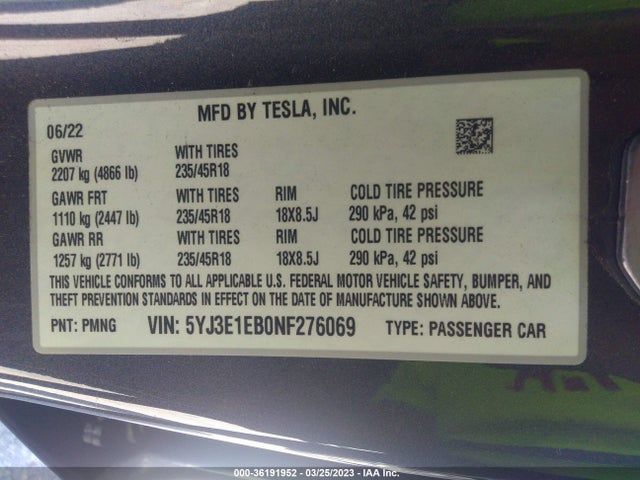 2022 TESLA MODEL 3 LONG RANGE VIN: 5YJ3E1EB0NF276069