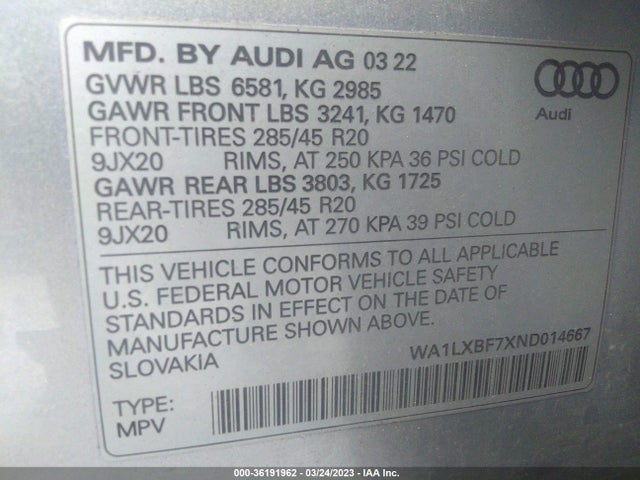 2022 Audi Q7, VIN: WA1LXBF7XND014667