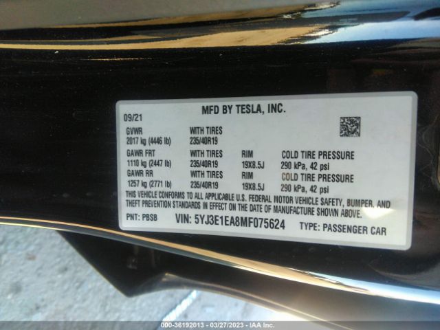 5YJ3E1EA8MF075624 Tesla Model 3 Standard Range Plus