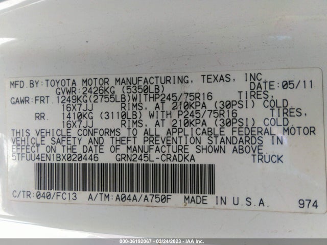 2011 TOYOTA TACOMA VIN: 5TFUU4EN1BX020446