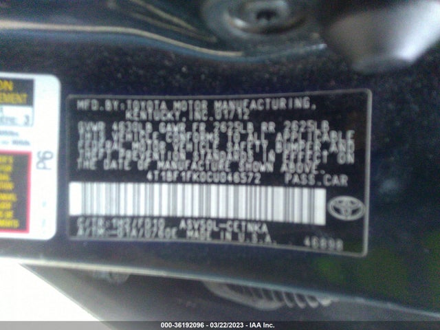 2012 TOYOTA CAMRY SE LIMITED EDITION/XLE/SE/L/LE VIN: 4T1BF1FK0CU046572