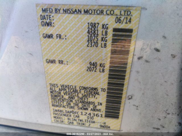 1N4BL3AP0FC124361 Nissan Altima 3.5 Sl