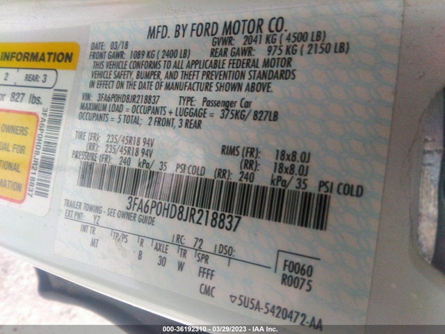 Ford FUSION SE 2018 3FA6P0HD8JR218837 Image 11
