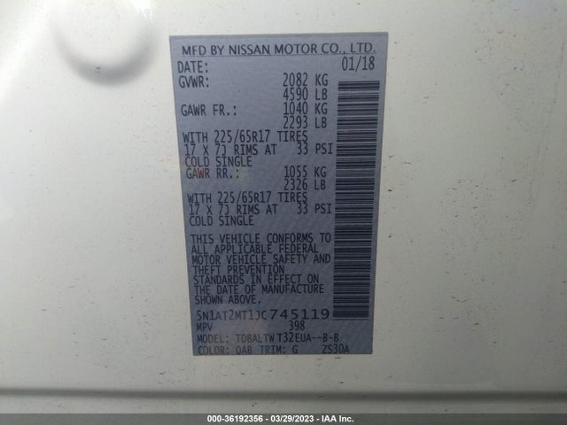 2018 NISSAN ROGUE SV VIN: 5N1AT2MT1JC745119