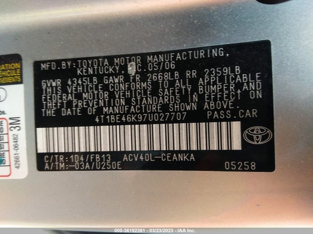2007 TOYOTA CAMRY CE/LE/SE/XLE VIN: 4T1BE46K97U027707