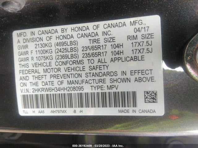 2017 Honda CR-V, VIN: 2HKRW6H34HH208095