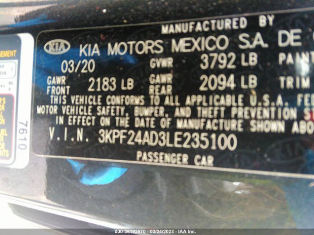 3KPF24AD3LE235100 KIA Forte Lxs
