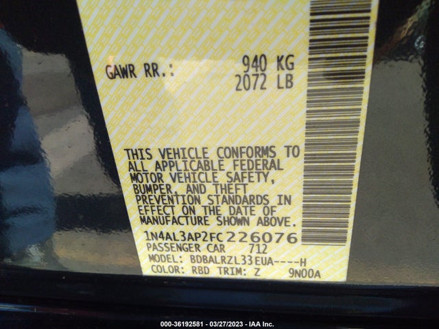 2015 NISSAN ALTIMA 2.5 SL VIN: 1N4AL3AP2FC226076