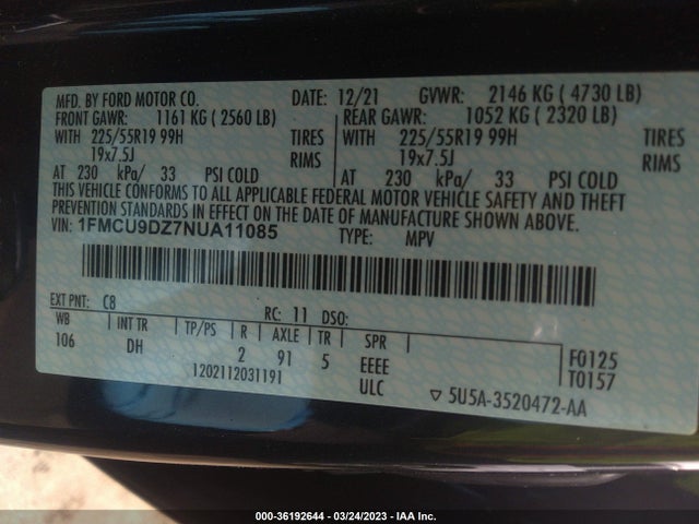 2022 Ford Escape, VIN: 1FMCU9DZ7NUA11085
