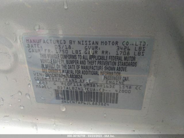 3N1CN7AP6JL883824 Nissan Versa Sedan Sv