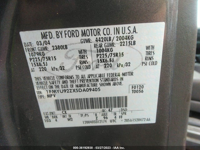 2005 FORD ESCAPE XLS VIN: 1FMYU92ZX5DA09405