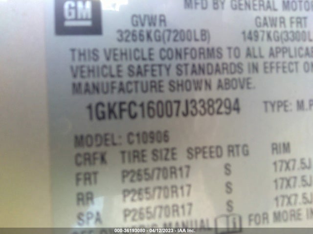 2007 GMC YUKON XL SLE VIN: 1GKFC16007J338294